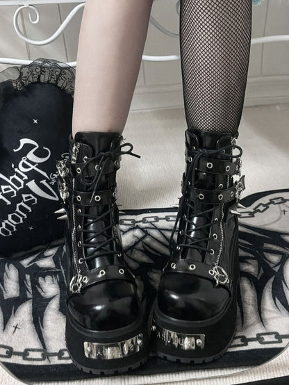 Polished Black/Matte Black Punk Stud Buckle Strap Gothic Platform Boots