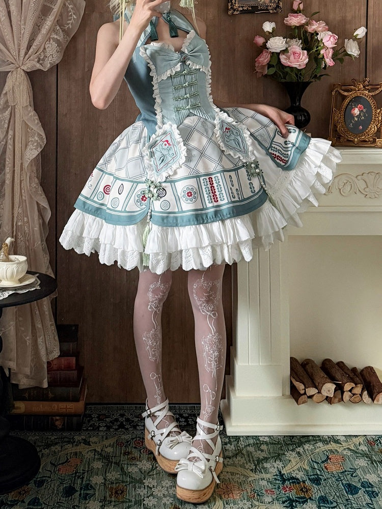 Mahjong-Themed Halter Top & Skirt Set in White & Green with Tassels - Maiden Portal