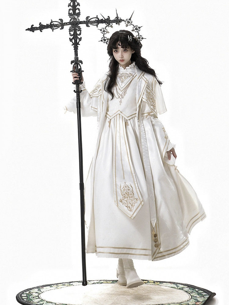 Gold White Stand Collar Long Sleeve Lolita Dress Cross Chain - Xiong Dou Jiang