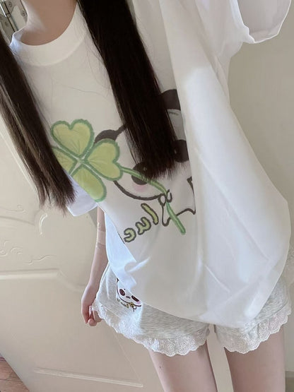 White - Crew Four-leaf with Neck Panda Cotton T-shirt Clover Print