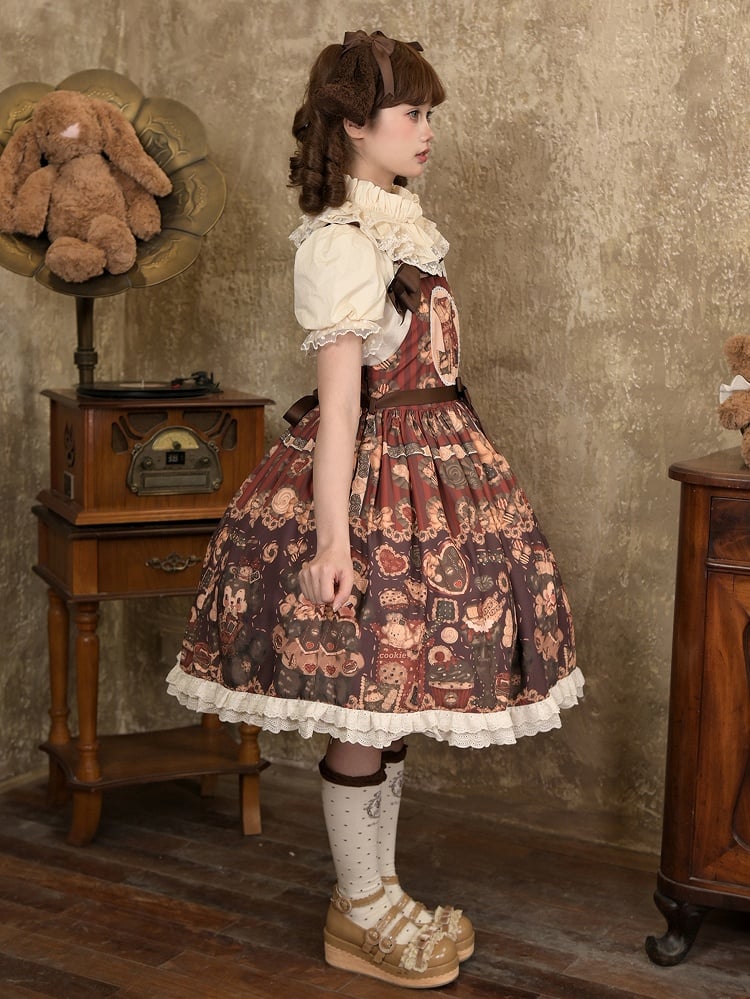 Brown Sweet Reddish Cookies and Overall Dress Print Puppy Furry Lolita