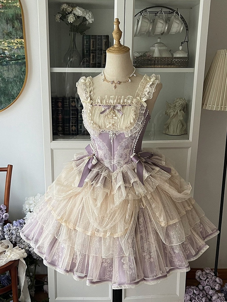Balletcore Top Corset + Print Skirt Lolita Princess Purple Light Boned Floral