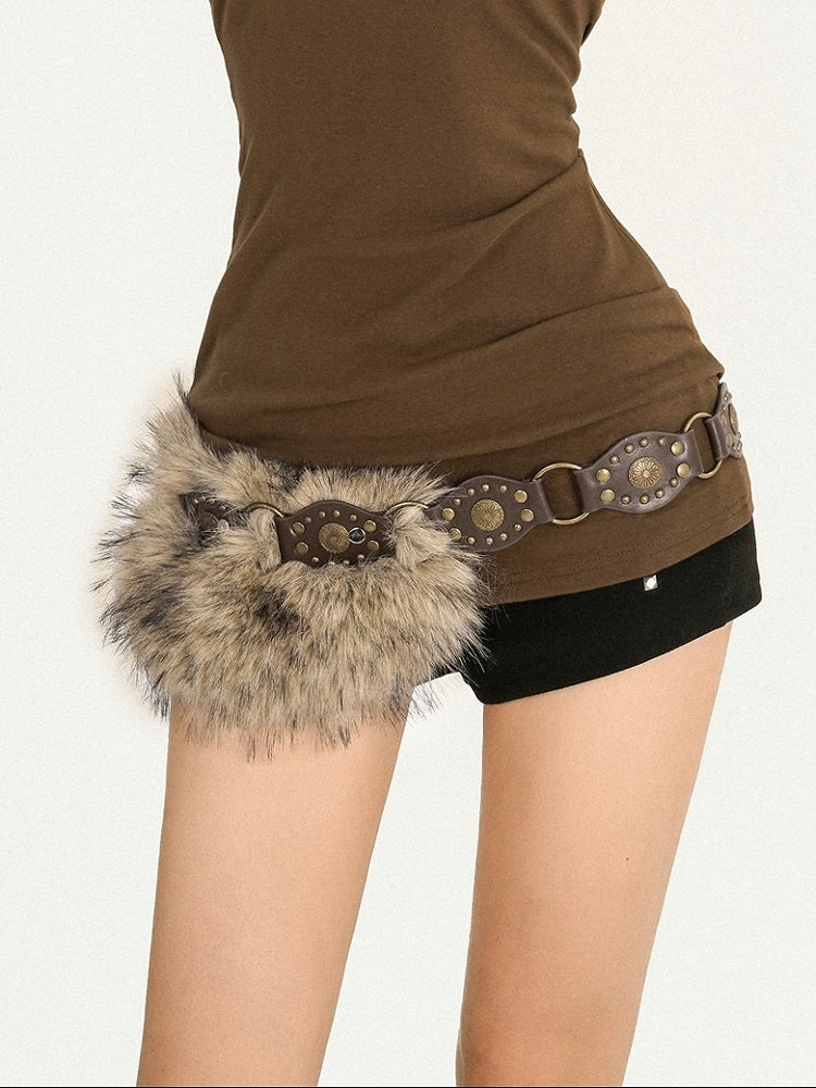 Vintage Punk Brown Plush Belt with Stud Details