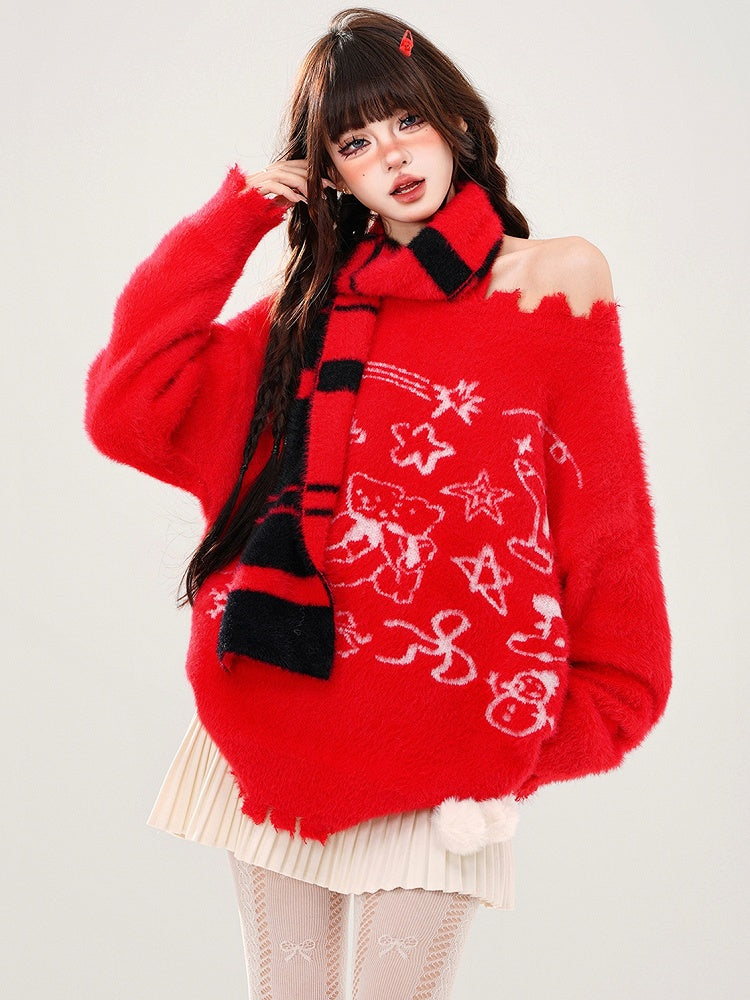 Lockerer Neckholder-Pullover mit roten Bären und Sternen und kostenlosem Schal