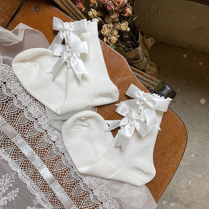 Cotton Trim Colors Socks Cut-out Ruffled with Design 4 Bow Decoration Swallowtail