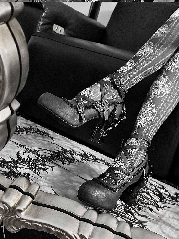 Dark Gray PU Gothic Lolita Shoes with Cross Straps & 7cm Bone Heels - sphenoid