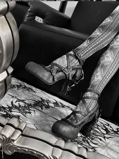 Dark Gray PU Gothic Lolita Shoes with Cross Straps & 7cm Bone Heels - sphenoid