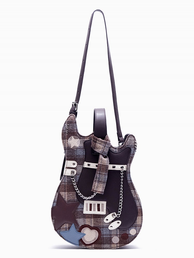 Guitar-shaped Sweetheart Brown Star Embroidered Design Plaid Bag