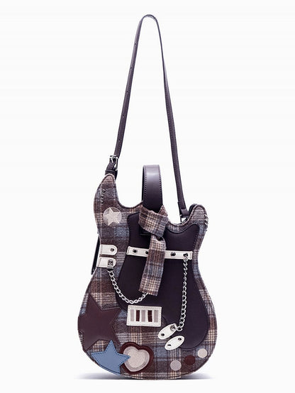 Guitar-shaped Sweetheart Brown Star Embroidered Design Plaid Bag
