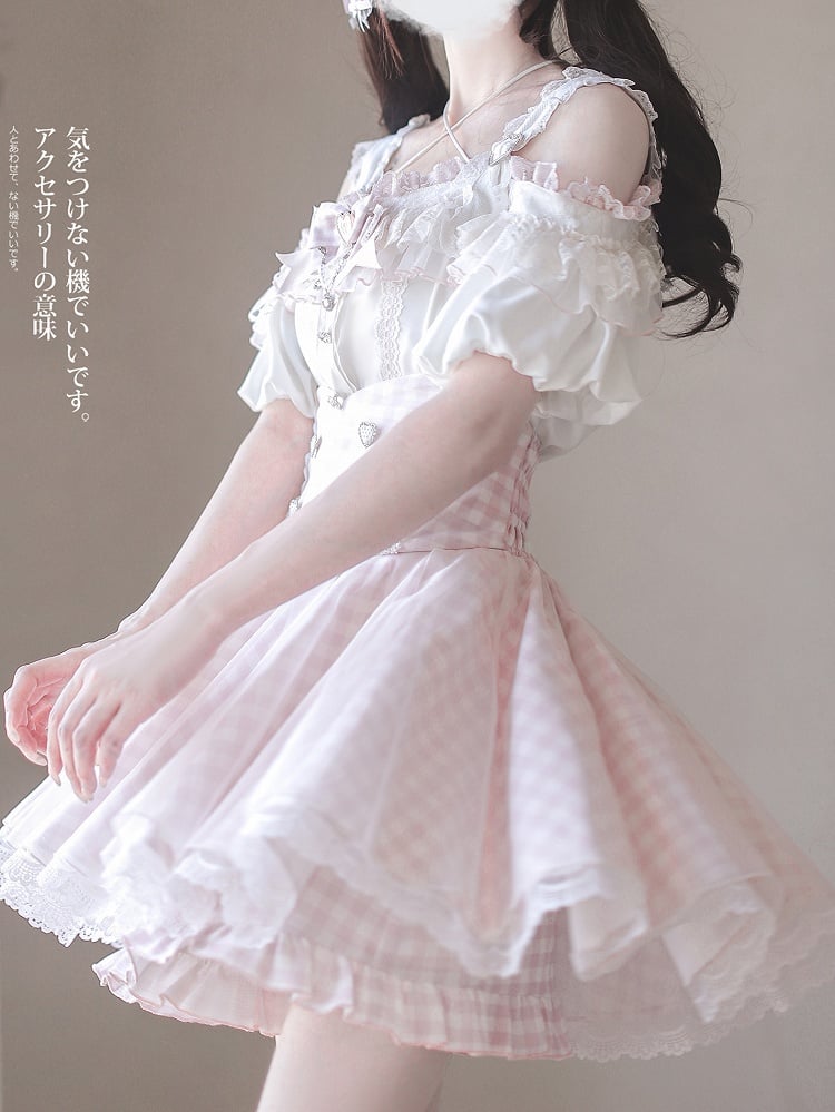 Top with Off-the-shoulder Jirai Kei Apricot Neckline and Pink Lace Trim