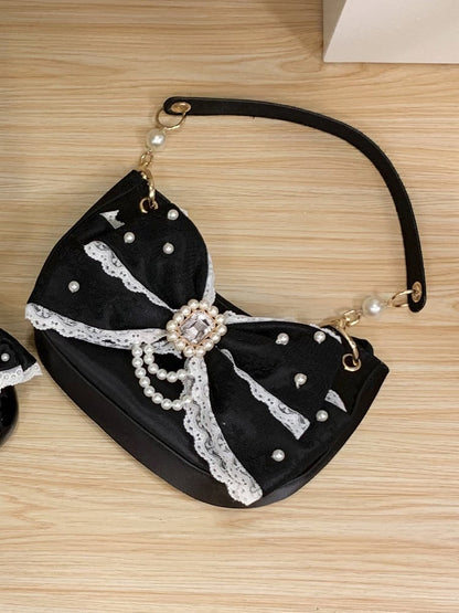 Accent Lolita Decor Shoulder Black Bag in Satin Bow Sweet Rhinestone Beads
