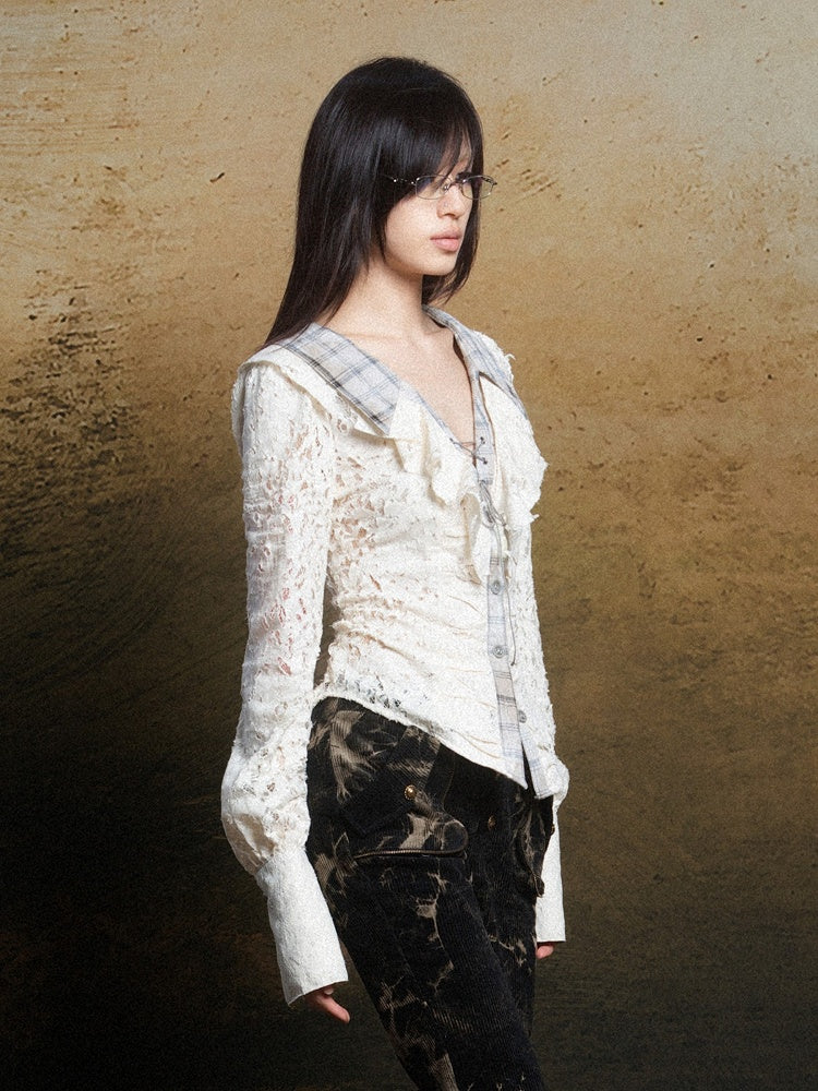 Apricot Romantic Lace Blouse Plaid Collar Punk Polo Crisscross with Lacing