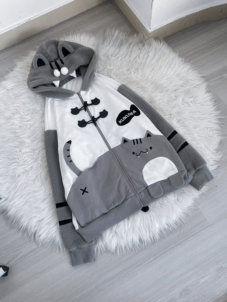 Cozy and Hood Coat 'Moe' - White Cat Gray Ear Fleece Daywear
