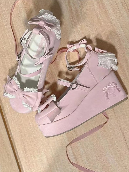 - Lace Layered Pink Back Satin Lolita Sweet Shoes Platform