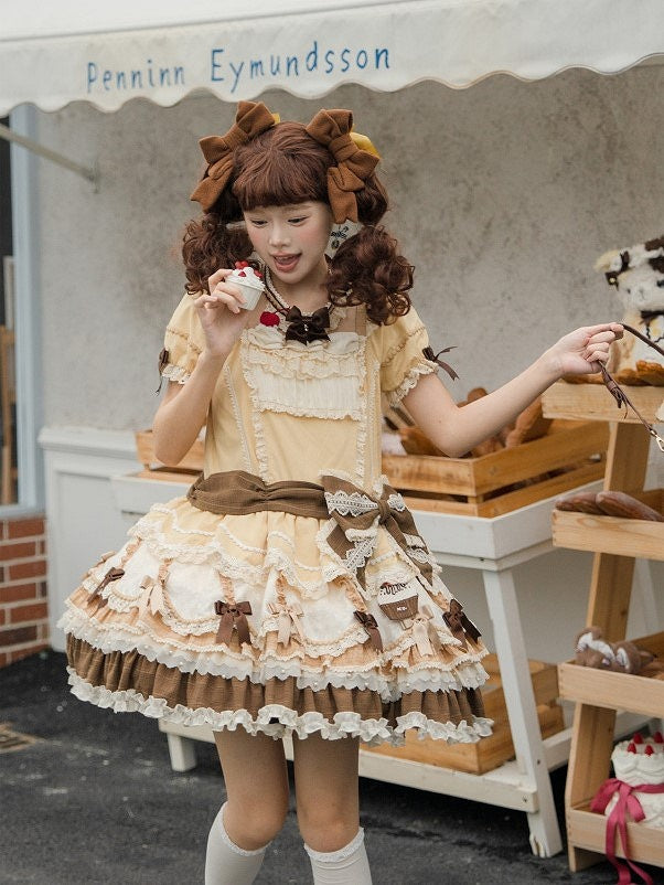 Details Yellow Waist Dropped Layered Hem Bowknot Lolita Dress Sweet