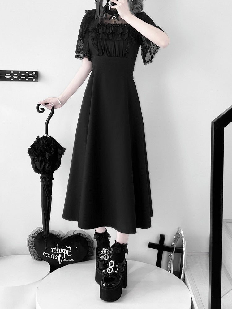 Jirai Kei Schwarz/Weiß Illusion Taille Ausschnitt Rüschen Hohe Spitze Kleid Trim