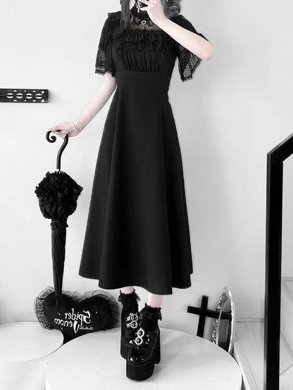 Jirai Kei Schwarz/Weiß Illusion Taille Ausschnitt Rüschen Hohe Spitze Kleid Trim