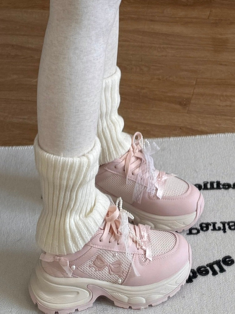 Front Lace-up Details Ties Sneakers Bowknot Decorated Beaded Pink