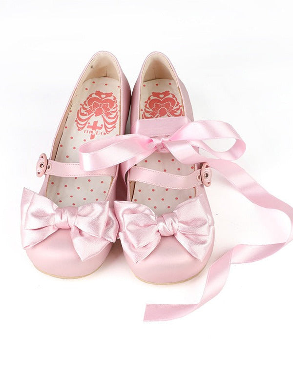 Round Toe Lace-up Bowknot Pink Lolita Heels 4.5cm - MODO