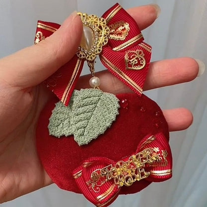 And Decorated Bowknot Apple Brooch Beaded Red/Green Rhinestone Charm