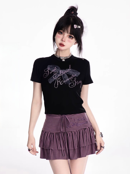 Neck Strass Spitze Bowknot Print Schwarz T-shirt Lila Brief Crew