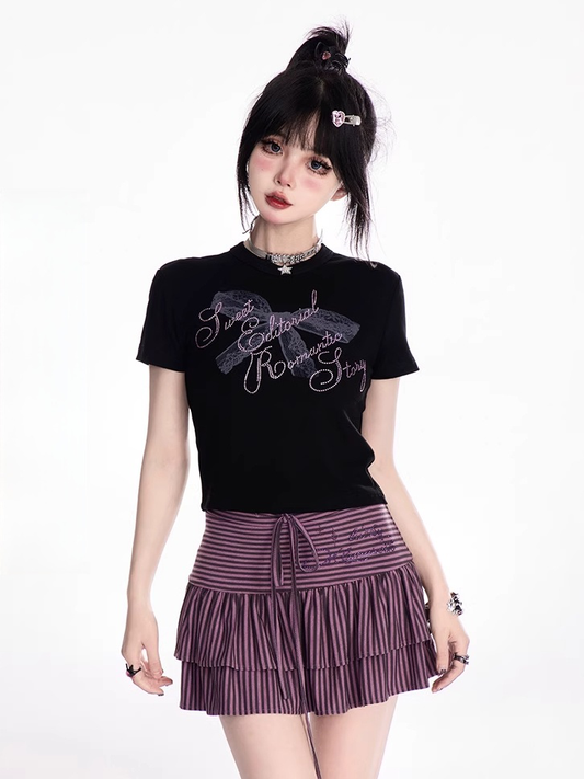 Neck Strass Spitze Bowknot Print Schwarz T-shirt Lila Brief Crew