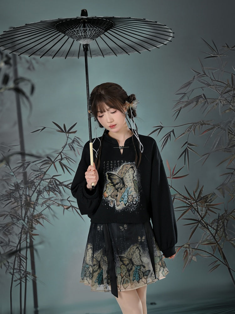 バタフライプリントスカートバージョン ロング/ショートチャイナドレス 馬の顔 プリーツスタイル ブラック