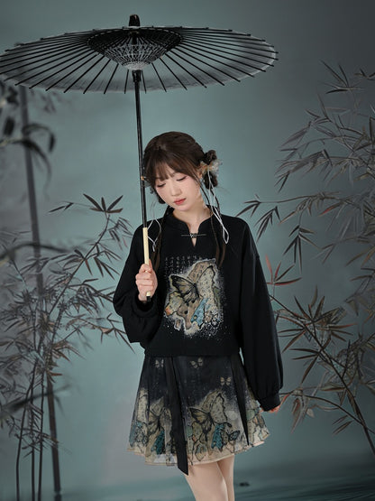 バタフライプリントスカートバージョン ロング/ショートチャイナドレス 馬の顔 プリーツスタイル ブラック