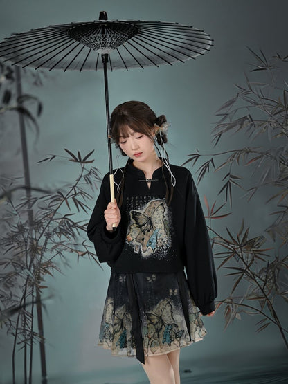Banded Butterfly Print Sweatshirt Collar Style Cheongsam Black/Apricot