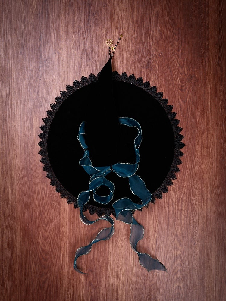 Fancy Peacock Teal Ribbon Bow Christmas Witch Hat with Optional Shiny Veil and Stars Chain