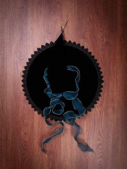 Fancy Peacock Teal Ribbon Bow Christmas Witch Hat with Optional Shiny Veil and Stars Chain