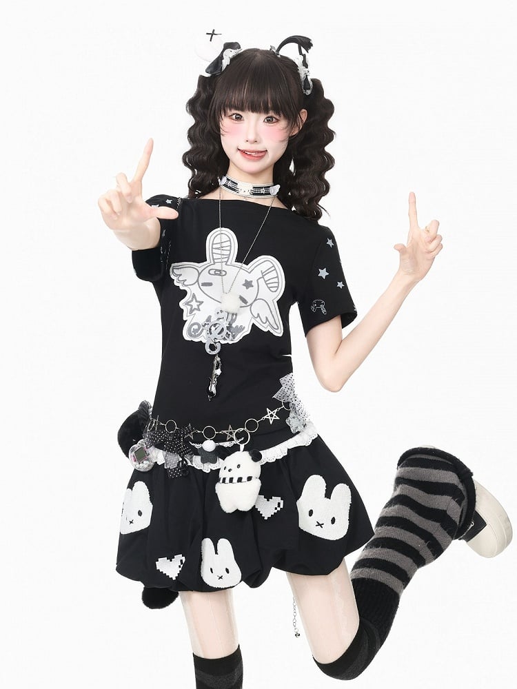 Otaku Style Black Star Tee with Bunny Patch