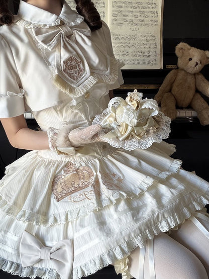 Beige Preppy Striped Two-Piece Gown with Crown Embroidery - Fairy Faith