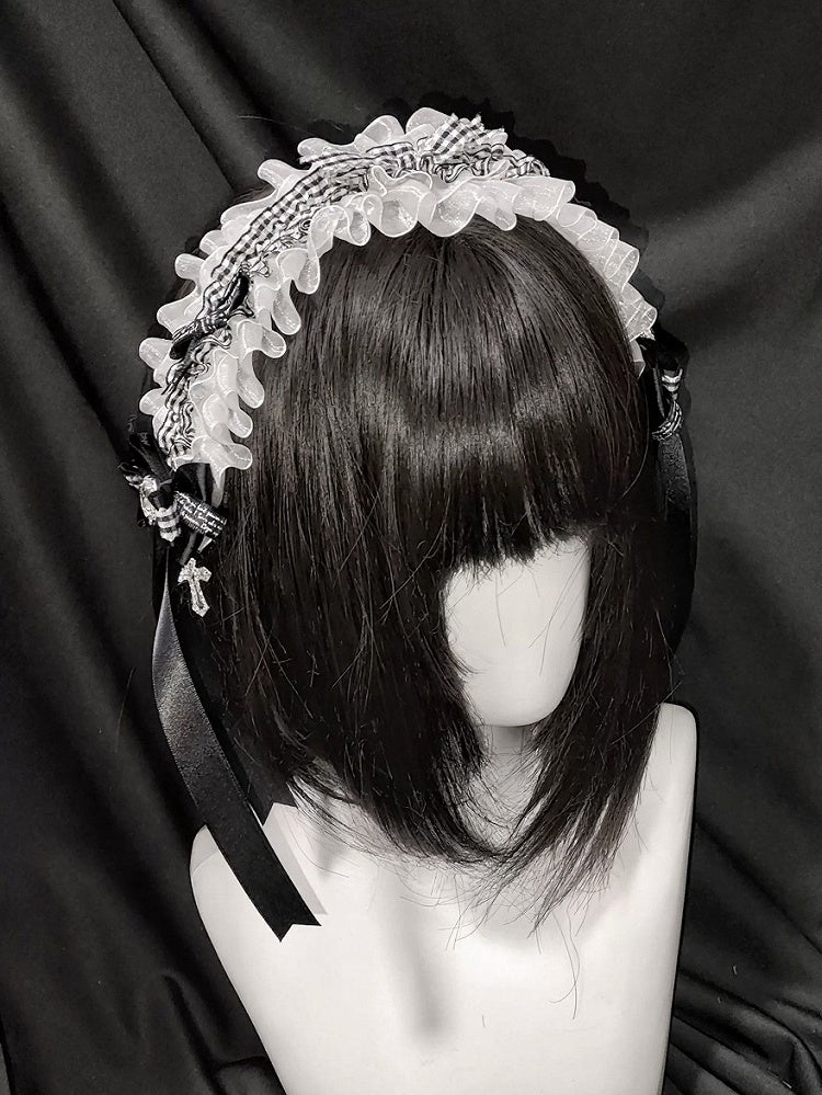 2-Tone Black & White Lace Hairband Rhinestone Cross