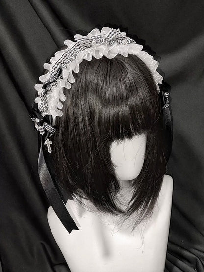 2-Tone Black & White Lace Hairband Rhinestone Cross