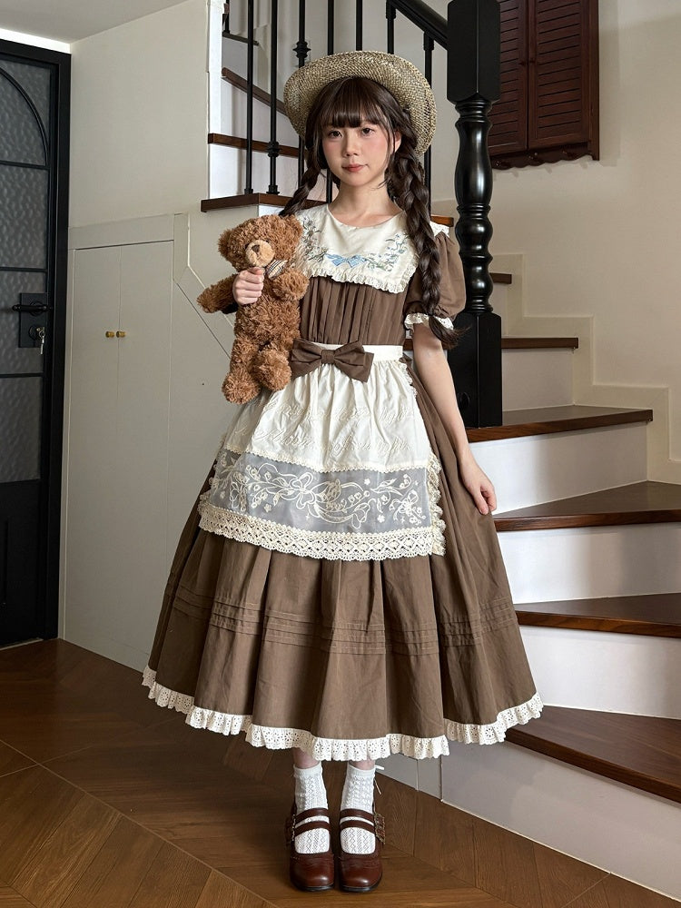 Brown Floral Cotton OP Dress with Detachable Lace Apron