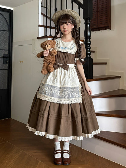 Brown Floral Cotton OP Dress with Detachable Lace Apron