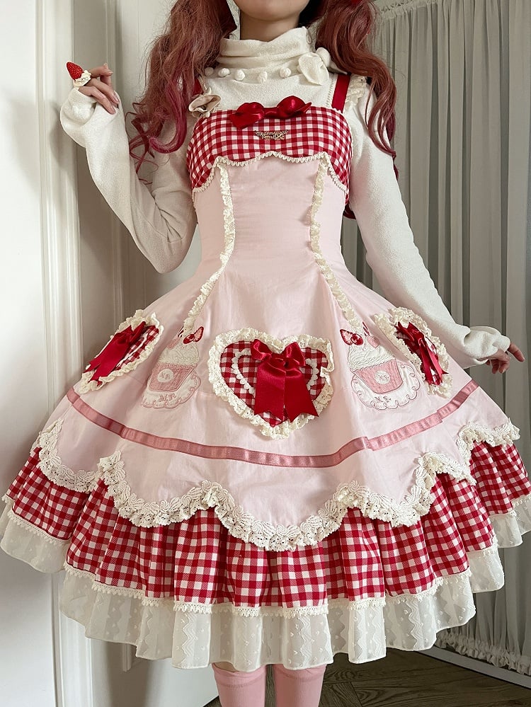 Shape Pink Embroidery Applique Lolita JSK Red Heart Hem Cake and