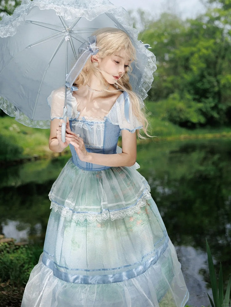 Sleeves One Oil Piece Water Lily Print Sky Square Neckline and Painting Blue Flutter