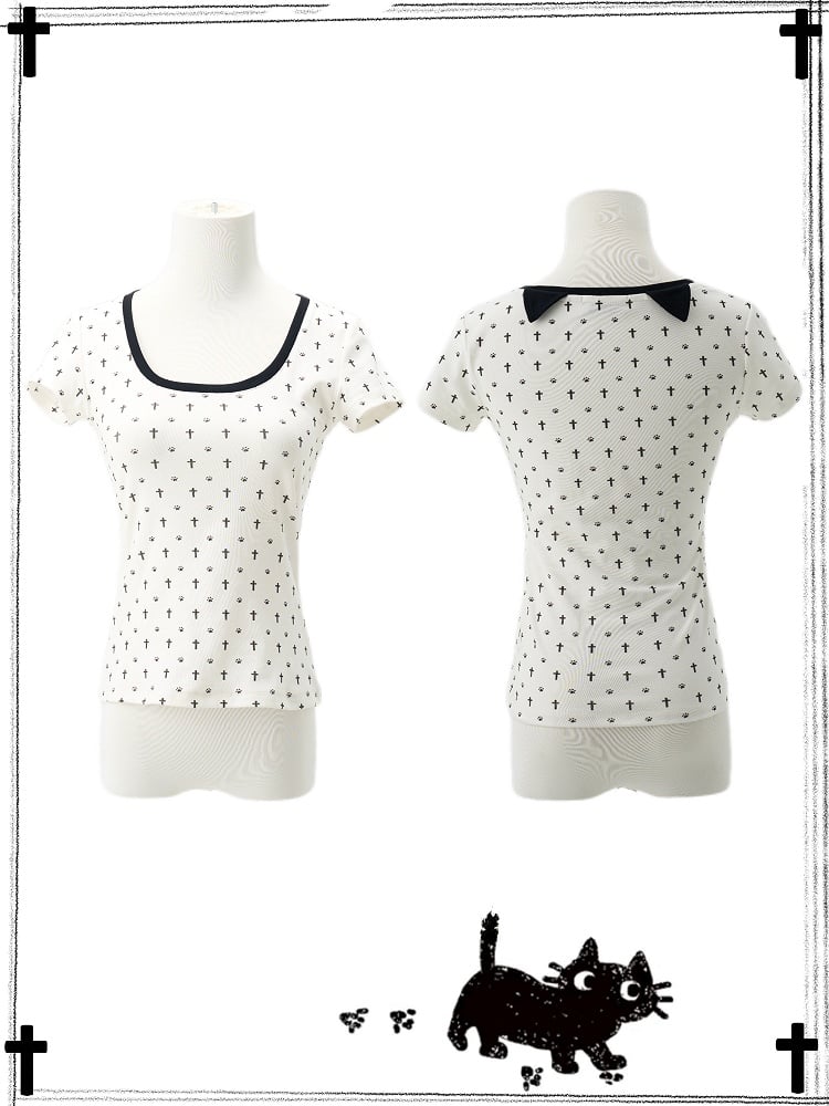 猫の足跡プリントの猫耳とTシャツのホワイト、オールオーバーブラッククロスパステルゴシック