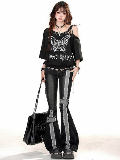 切りっぱなしのストライプが入った、ダメージ加工のブラックハイウエストフレアジーンズ