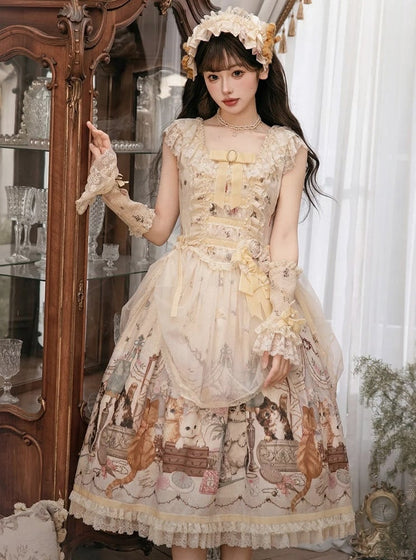 Beige Cat Print Lace Ruffles Sweet Lolita JSK Dress with Drawstring Overlay - NyaNya