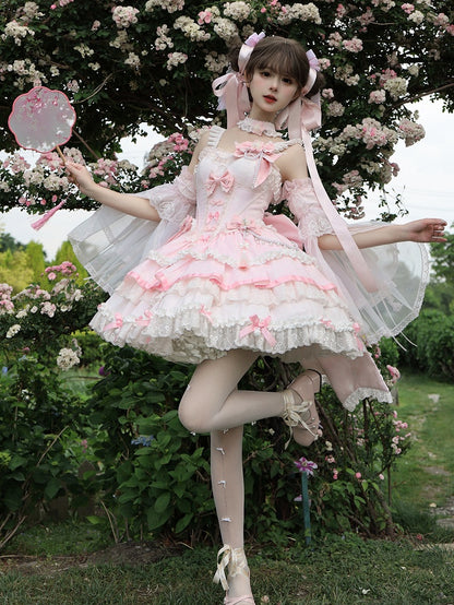 Kleid Lolita Akzente Ketten Perlen Rosa Taille Blume und Korsett Schleife Qi