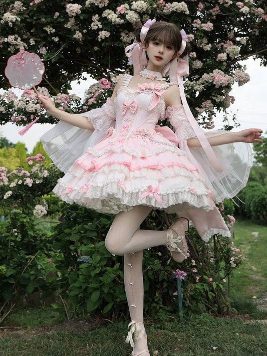 Kleid Lolita Akzente Ketten Perlen Rosa Taille Blume und Korsett Schleife Qi