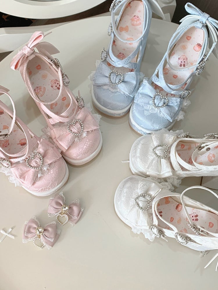 Round High Pink Elegant Block Lolita Bow Heels - Toe Platform Accents