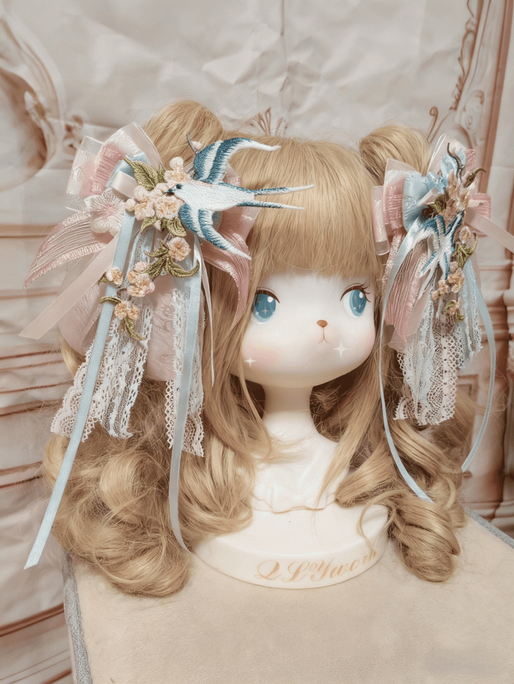 Lolita Flower Pink Blue Embroidered Hairclip Bowknot