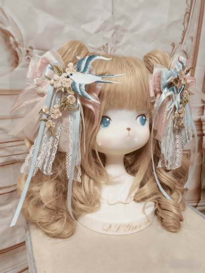 Lolita Flower Pink Blue Embroidered Hairclip Bowknot