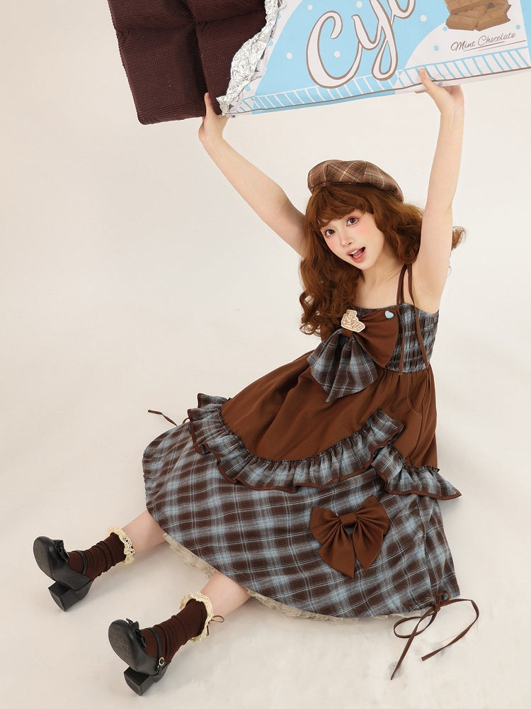 and Dress Asymmetrical Sweet Ruffles Brown Lolita Bow with Accents JSK Blue Plaid