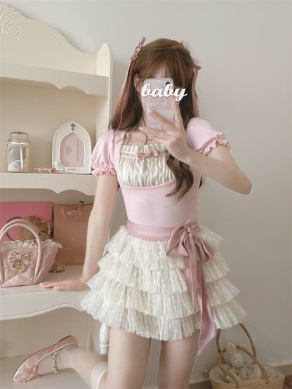 Beige Tüll Balletcore Selbstbinden Stufenrock Schleife mit