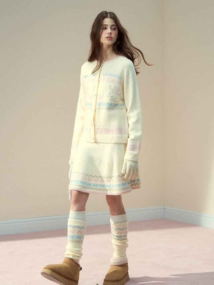 Cat with Vintage Kawaii Knit Beige Design Pattern Skirt